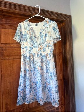 Floral Ruffle V-Neck Dress in White with Blue & Peach Print